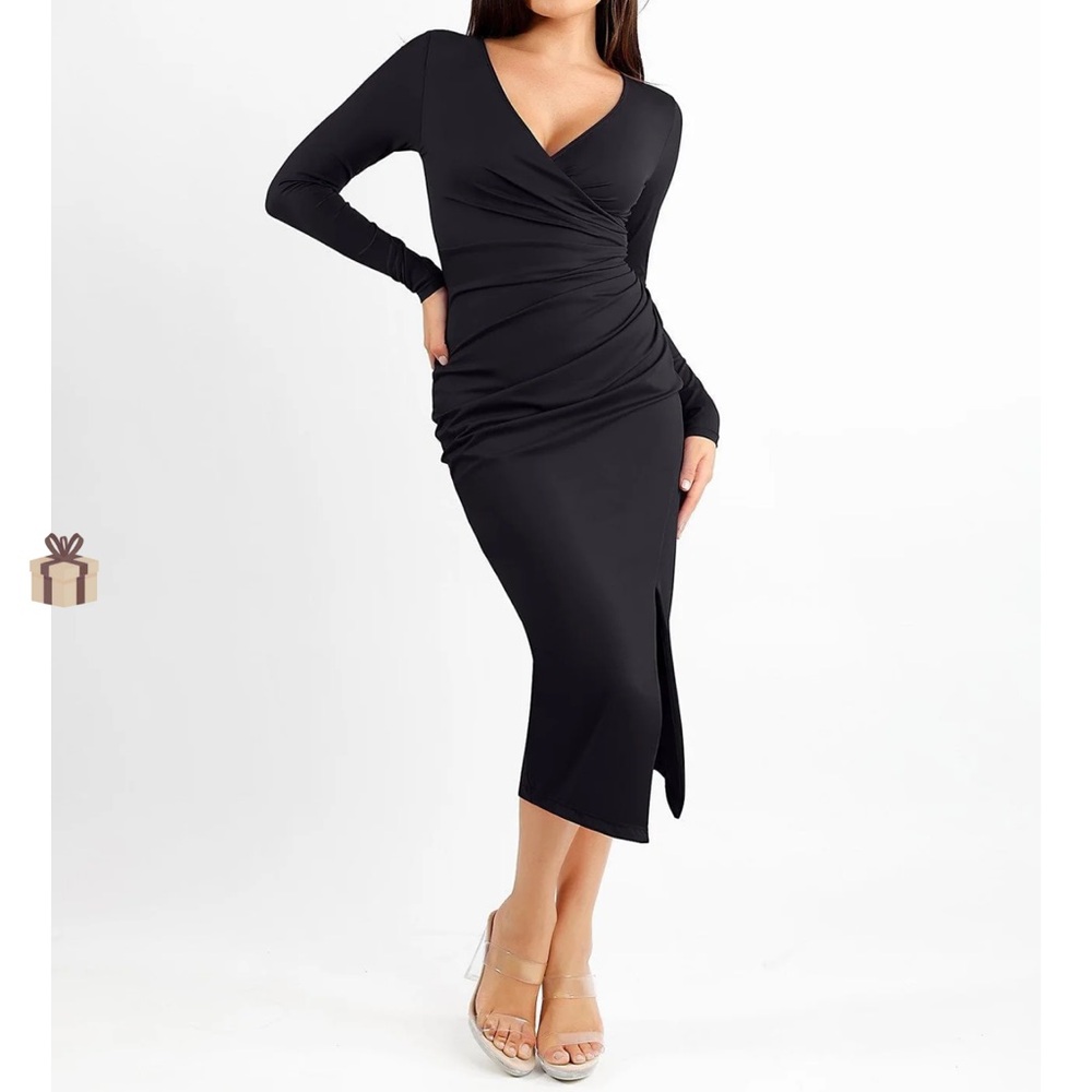 NWT Popilush The Shapewear Dress Ruched Long Sleeve Split Midi, Black, Size M
